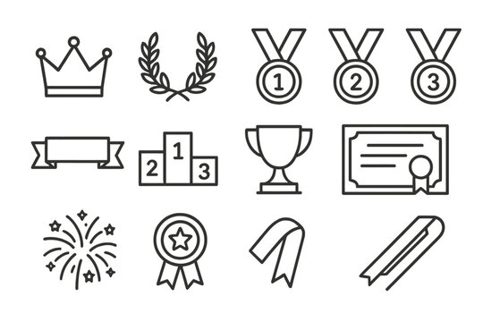 Set of outline icons: medals, trophies, and awards on textured background - Powered by Adobe