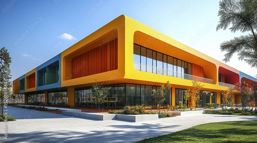 Poster vibrant modern school building with colorful architecture and large windows, surrounded by