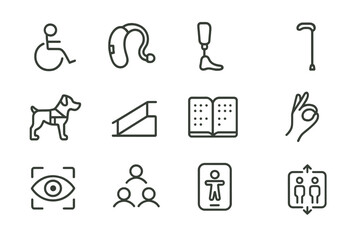 Accessibility icons set: wheelchair, hearing aid, prosthetic, guide dog, braille, sign language, visual aid