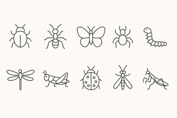 Fototapeta premium Minimalist line icon set of various insects with simple outline art