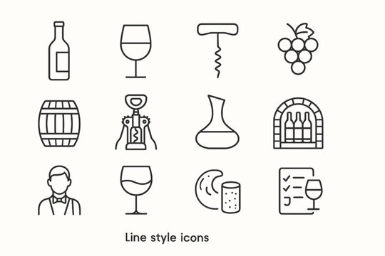 Wine icons set: bottle, corkscrew, glass, barrel, sommelier, decanter, grapes, cellar, cork