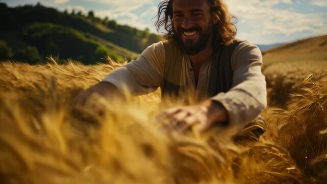 Jesus Christ, the apostle walks through a wheat field. Harvest time. The parable of the good sower and the tares. Christian religious video for publications