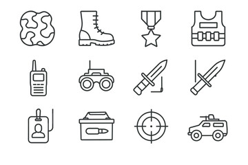 Military equipment icons set featuring weapons, vehicles, and gear