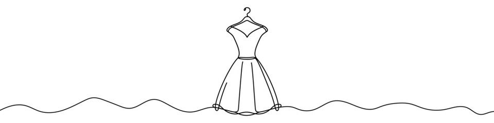 Dress icon. Continuous one line drawing of dress on hanger. Evening dress in one line style, isolated on white background. Vector illustration.