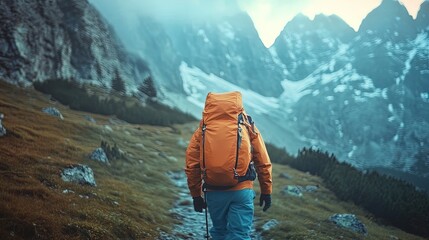 Naklejka premium majestic mountain range at sunrise: a breathtaking landscape with vibrant colors reflecting on snow-capped peaks - perfect as a poster for adventurous sports interiors