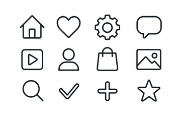 Set of minimalist line icons: home, heart, gear, chat, play, user, bag, image, search, check, plus, star