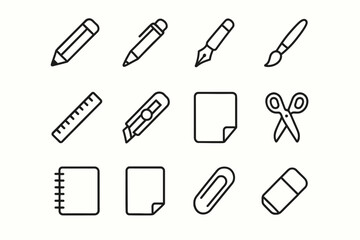 Minimalist line art icons of stationery tools: pencil, pen, ruler, scissors, notebook