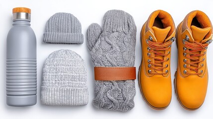 Winter Accessories Flatlay Gray Knitted Hats Mittens Yellow Boots Water Bottle