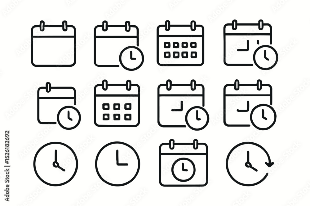Poster calendar and clock icon set for scheduling and time management