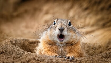 Fototapeta premium Playful Gophers Surprised Expression, Capturing a Moment of Whimsy in a Field of Dandelions Amidst a Bright Summer Afternoon.