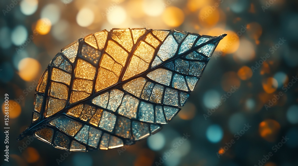 Poster a mosaic leaf with a golden hue against a bokeh-lit background creating a serene and magical ambianc