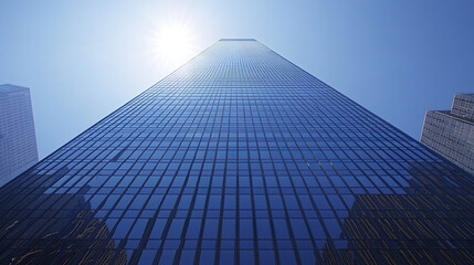 stunning view of modern skyscraper reflecting sunlight against clear blue sky