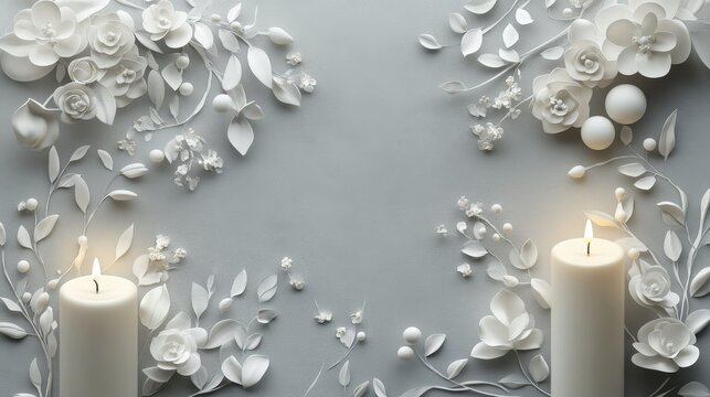 Two candles with white paper flowers on gray background. Great as greeting card, invitation or memorial event design. - Powered by Adobe