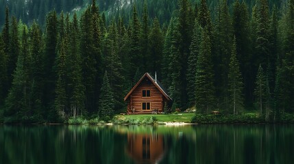 Fototapeta premium A serene lakeside cabin surrounded by tall pine trees and calm, reflective waters