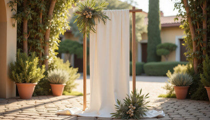 Vertical banner mockup. Elegant wedding arch mockup with white draped fabric and floral decor