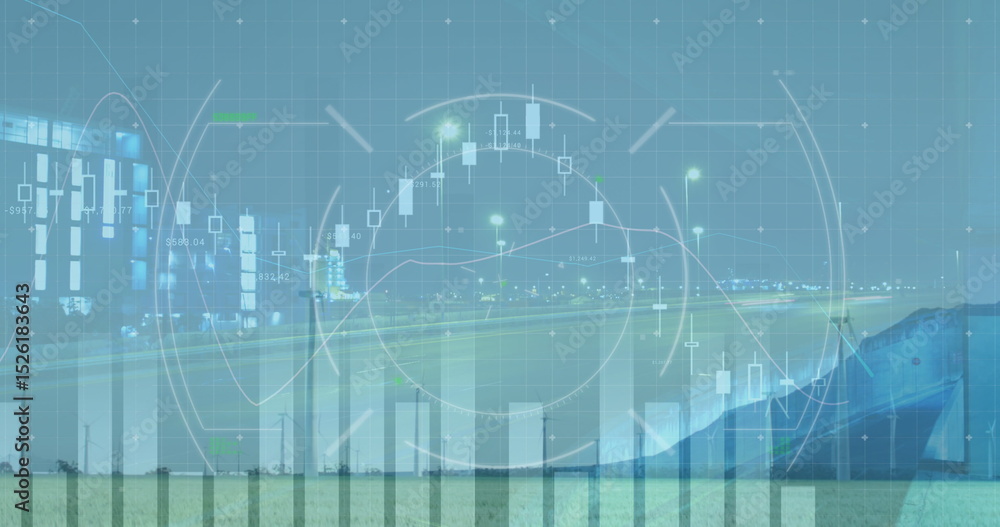 Poster image of graphs with hud processing against wind turbines with cityscape