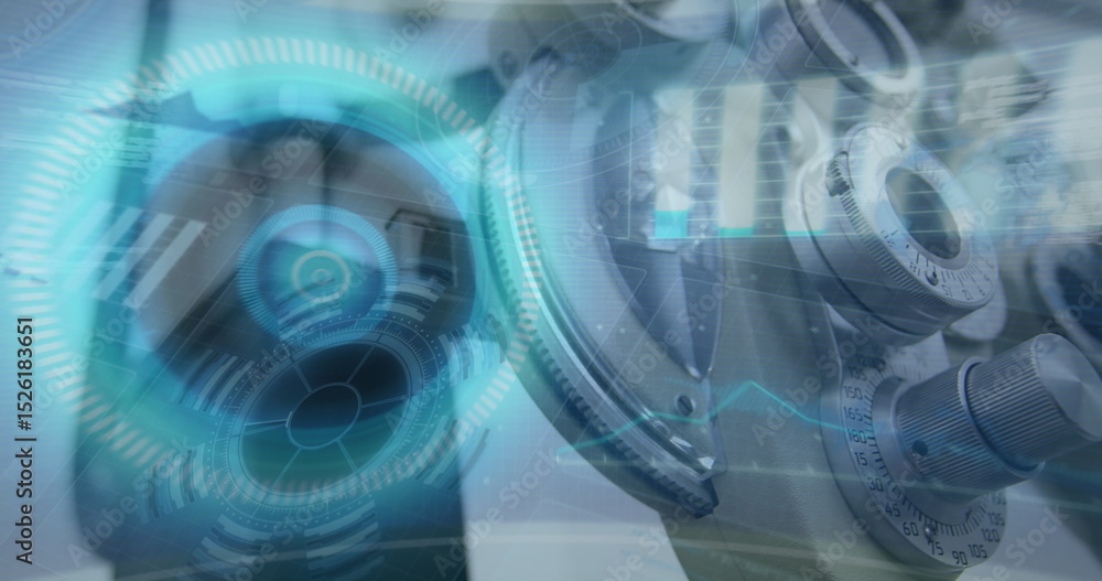 Poster image of data with hud processing on digital interface against machinery