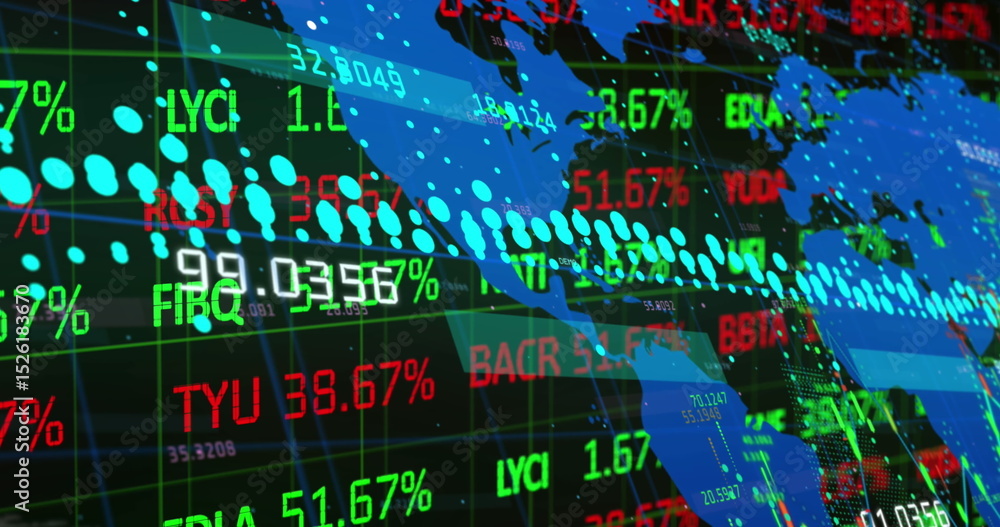 Poster image of digital screen with world map, financial data and graphs