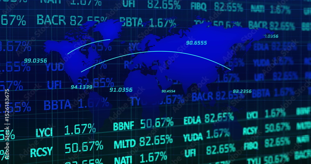 Poster image of digital screen with world map, financial data and graphs