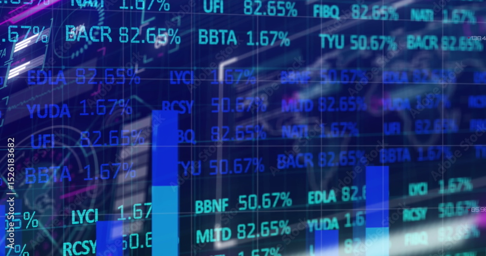 Poster image of digital screen with financial data and graphs