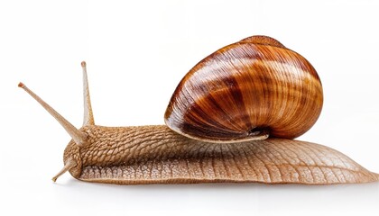 Lone Garden Snail against a Pristine White Backdrop, a Delicate Splash of Green and Shimmering Texture, Capturing the Essence of Natures Quiet Majesty.