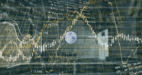 Image of financial graphs and globe over building