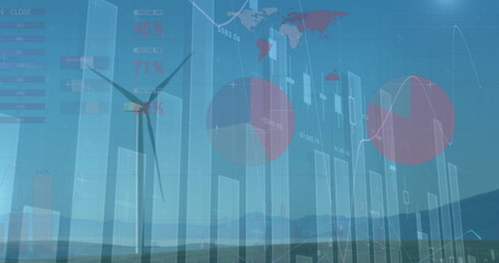 Image of graphs, charts against wind turbines on field