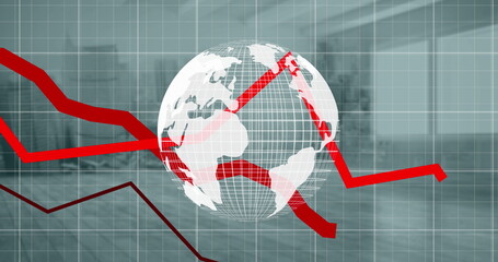 Image of financial graphs and globe over empty hall
