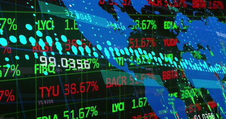 Image of digital screen with world map, financial data and graphs