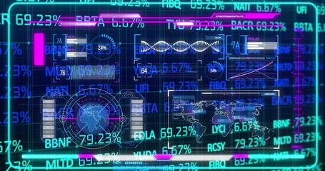Displaying holographic panels on console, with charts, circular dials, DNA and world map overlays