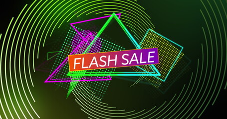 Image of flash sale over triangles and dark green background with lines
