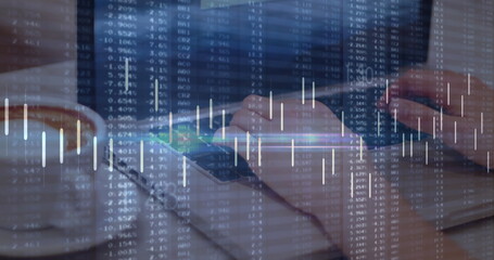 Image of financial data over caucasian woman using laptop