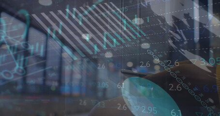 Image of man using smartphone over cityscape