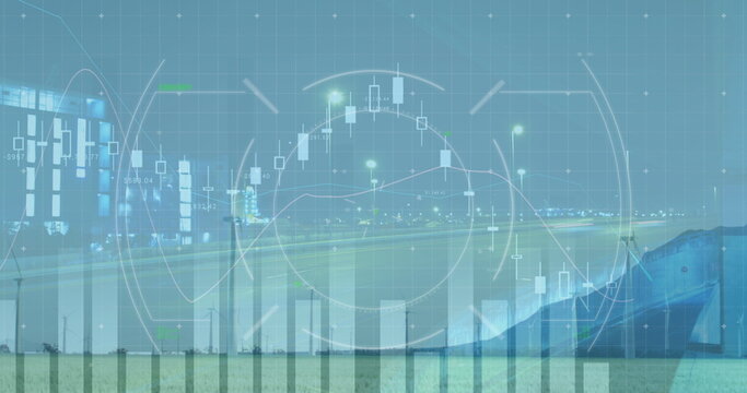 Image of graphs with hud processing against wind turbines with cityscape
