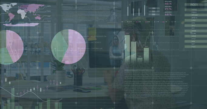 Image of graphs over caucasian female fashion designer using color swatch while working - Powered by Adobe