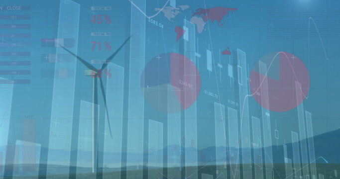 Image of graphs, charts against wind turbines on field