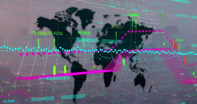 Image of world map and network of connections over world map