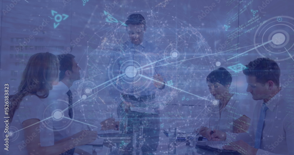 Poster image of computer language, globe and dots over caucasian man briefing project to coworkers