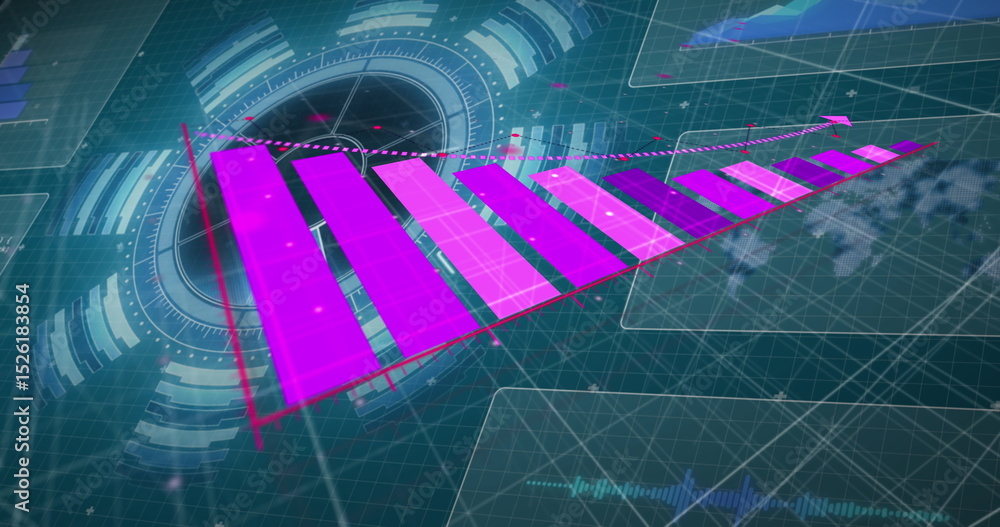 Poster image of pink graph over data processing with world map and charts on dark interface