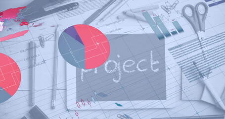 Image of infographic interface over tablet screen with project text and stationery on table © vectorfusionart