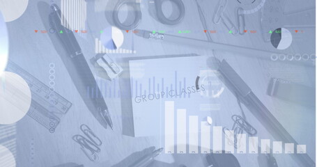 Image of infographic interface over group classes text on sticky notes and stationery on table