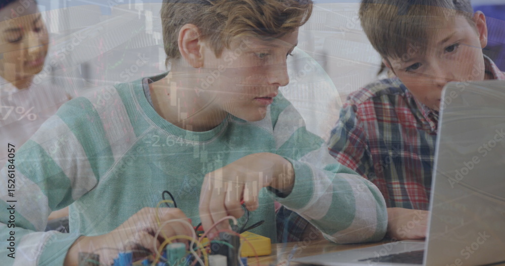Poster image of caucasian students studying in classroom using laptop over globe and graph