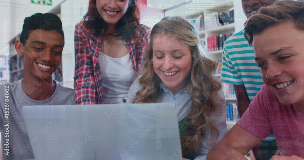 Poster image of multiracial student discussing using laptop over globe, trading board and graph