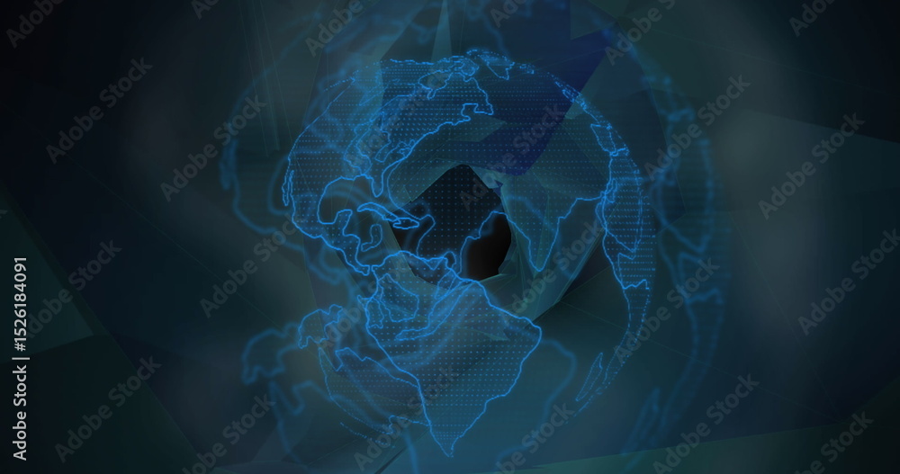 Poster image of globe with world map over digital screen with shapes