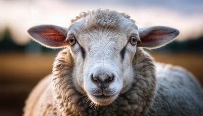 Gentle Sheep Portrait A Fluffy Mammal Gazes with Soft Eyes, Capturing Tranquil Serenity in a Pastoral Landscape under the Pale Light of Dusk