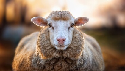 Tranquil Sheep Portrait against Idyllic Morning Meadow Backdrop, Capturing the Calm and Soothing Beauty of Natures Early Light.