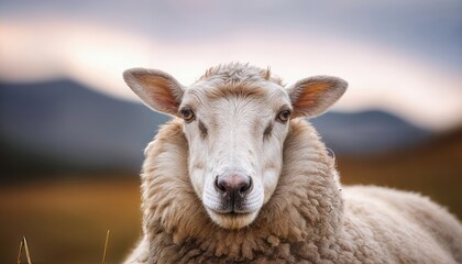 Fluffy White Sheep Gaze Soft and Gentle Portrait of a Fluffball Amidst Serene Countryside, Evoking Tranquility and Peacefulness