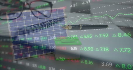 Image of statistics and financial data processing over notebook on desk in office