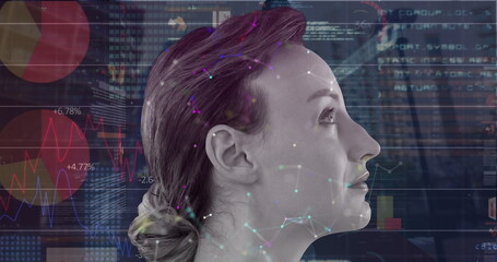 Image of statistics and financial data processing over caucasian woman