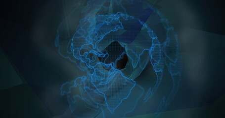 Image of globe with world map over digital screen with shapes